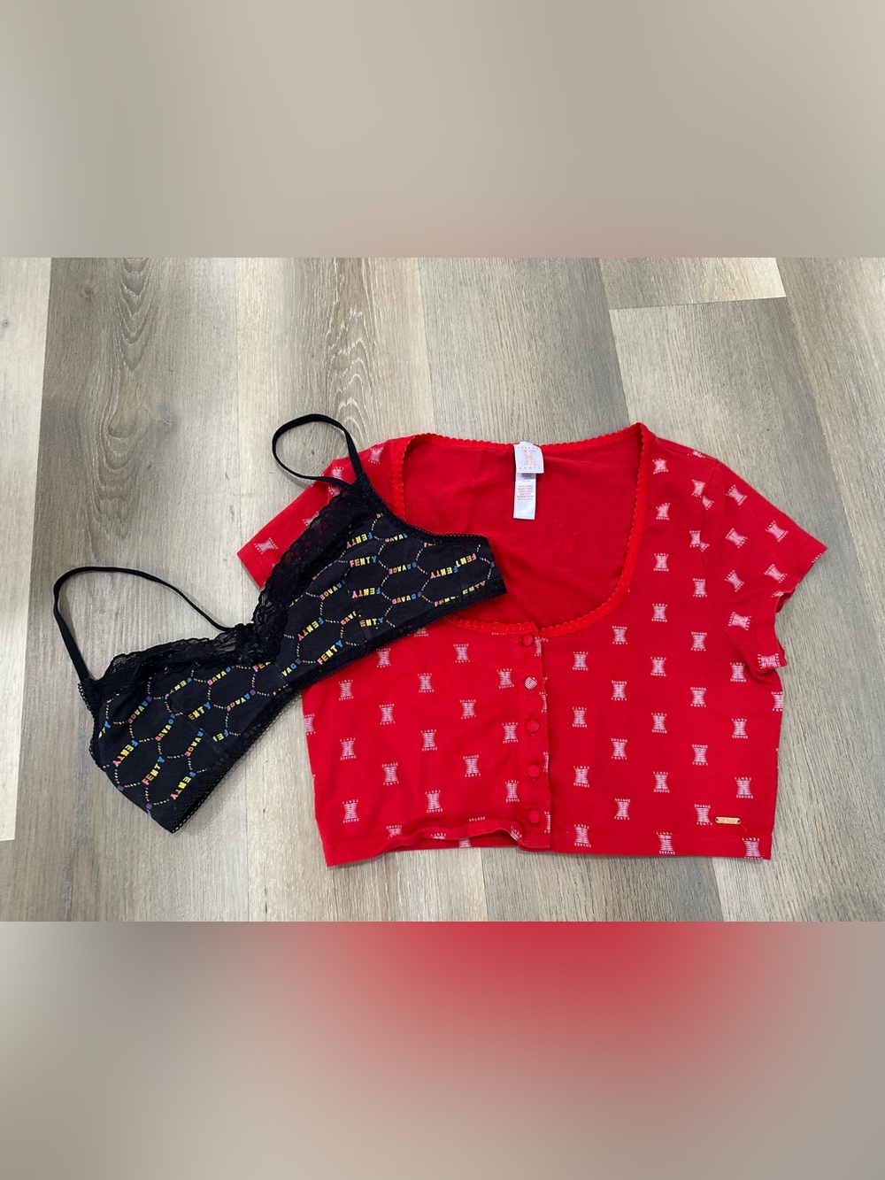 Savage X Fenty Black Lace Bralette with Red Crop Button Front Top Medium Lounge